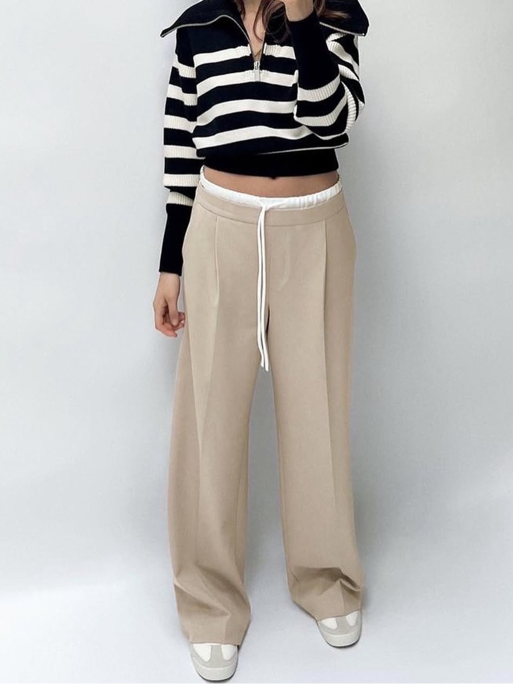 Zara Beige Wide-Leg Drawstring Trousers